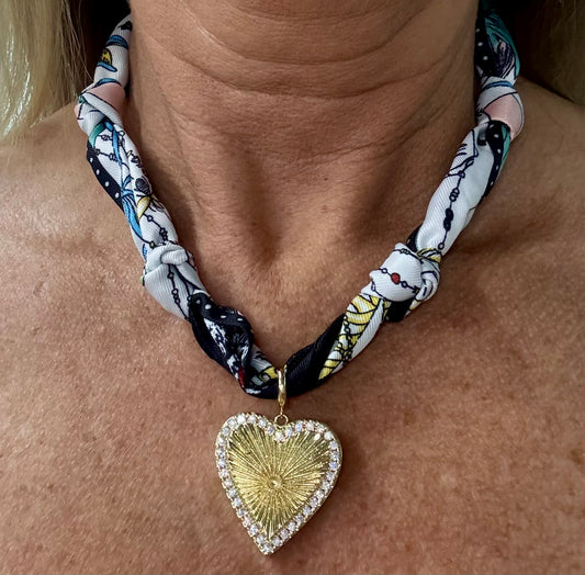 Navy and White Knotted Scarf with Heart Removable Charm