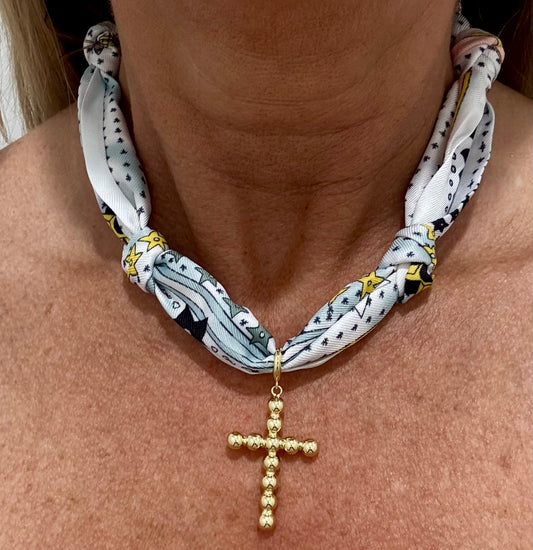 Pink, Navy and White Knotted Scarf with Bubble Cross Removable Charm