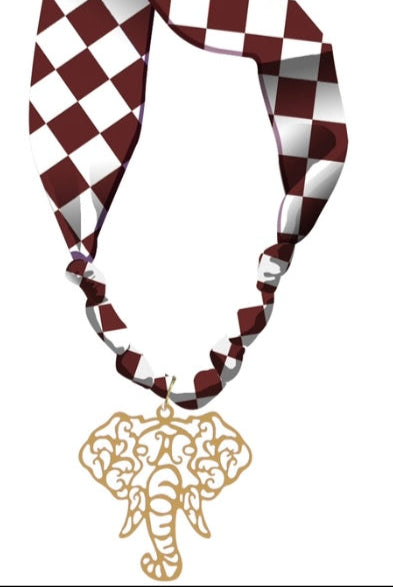 PREORDER Burgandy and White Gameday Scarf Necklace with Gold Elephant Charm, VERY POPULAR!