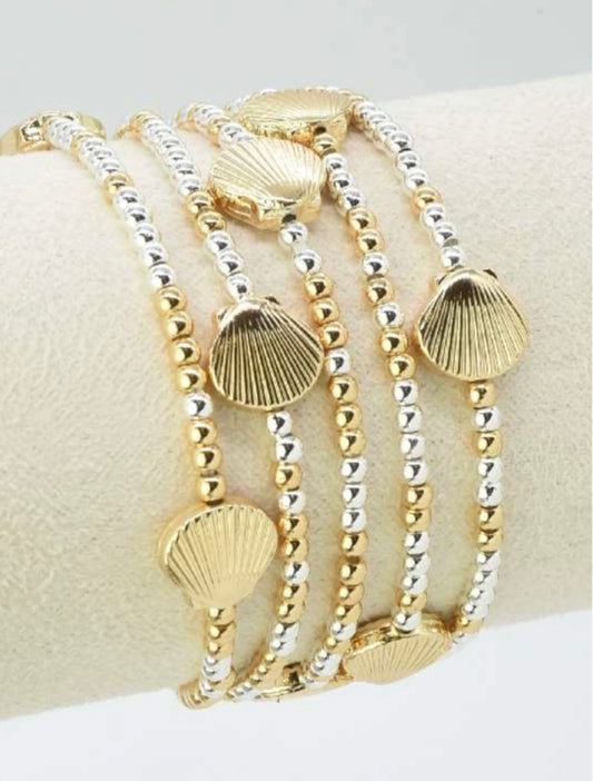 Gold and Silver Beaded with Gold Shell Detail Set of 3 Bracelet