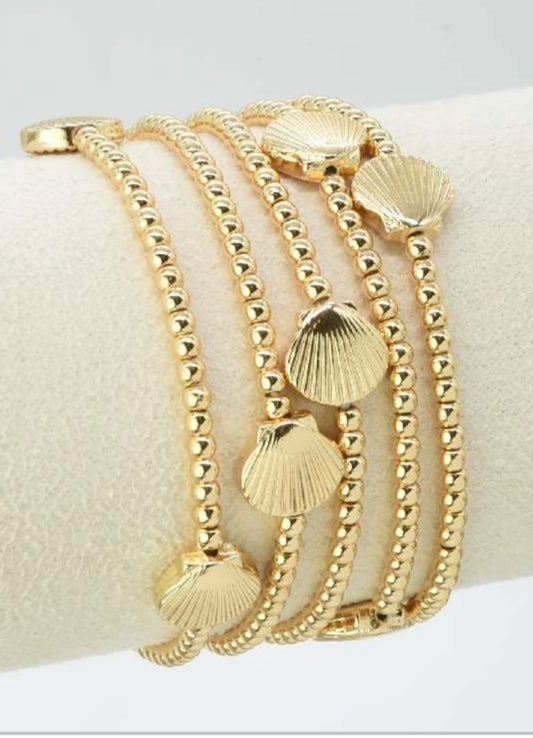 Gold Beaded with Gold Shell Detail Set of 3 Bracelet