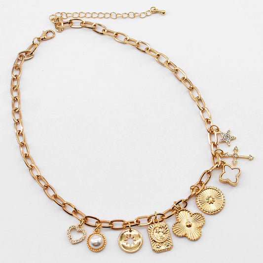 Gold Clover, Heart, Pearl Multi Charm 16"-18" Necklace