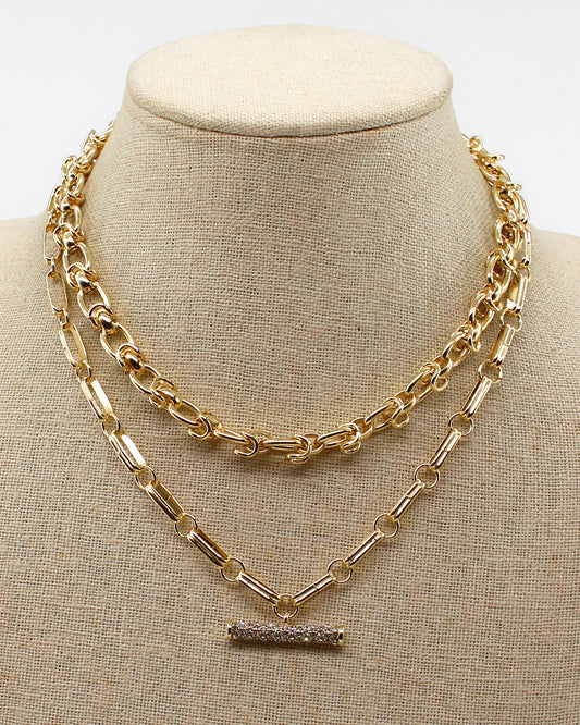 Gold Double Layered Chain with Rhinestone Bar Accent 16"-18" Necklace