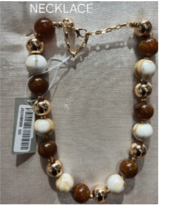 Brown and White Natural Stone with Gold 16"-18" Necklace