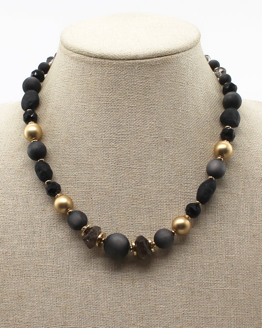 Black Natural Stone and Gold Beaded 16"-18" Necklace