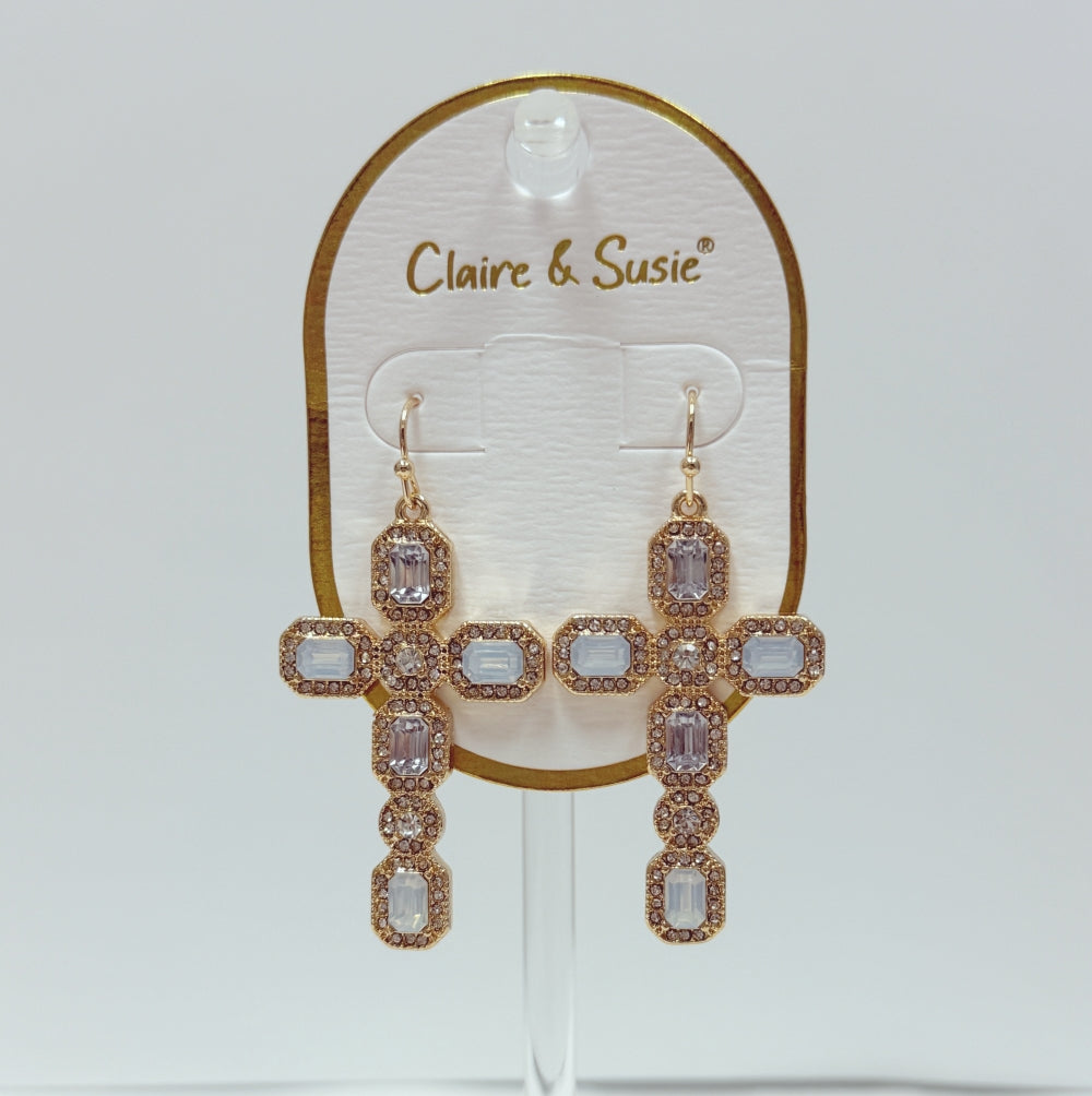 White Opal and Clear Crystal 1.75" Rhinestone Cross Earring