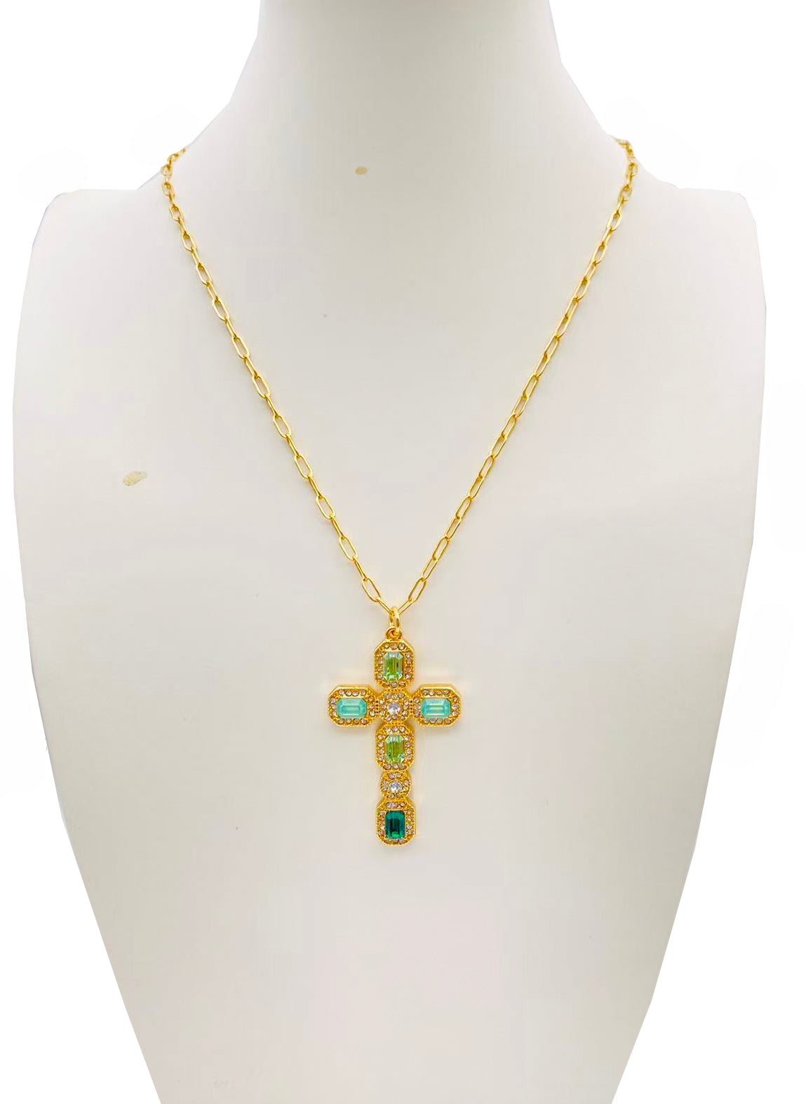 Teal and Emerald Crystal 1.75" Cross Pendant 16"-18" Necklace