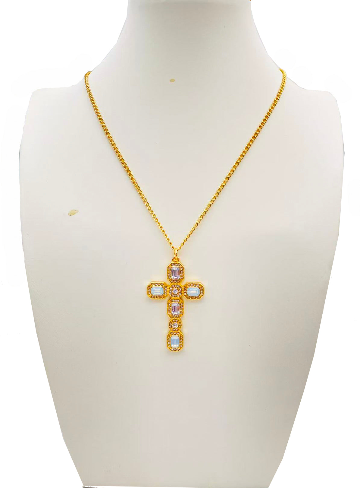 White and Clear Crystal 1.75" Cross Pendant 16"-18" Necklace