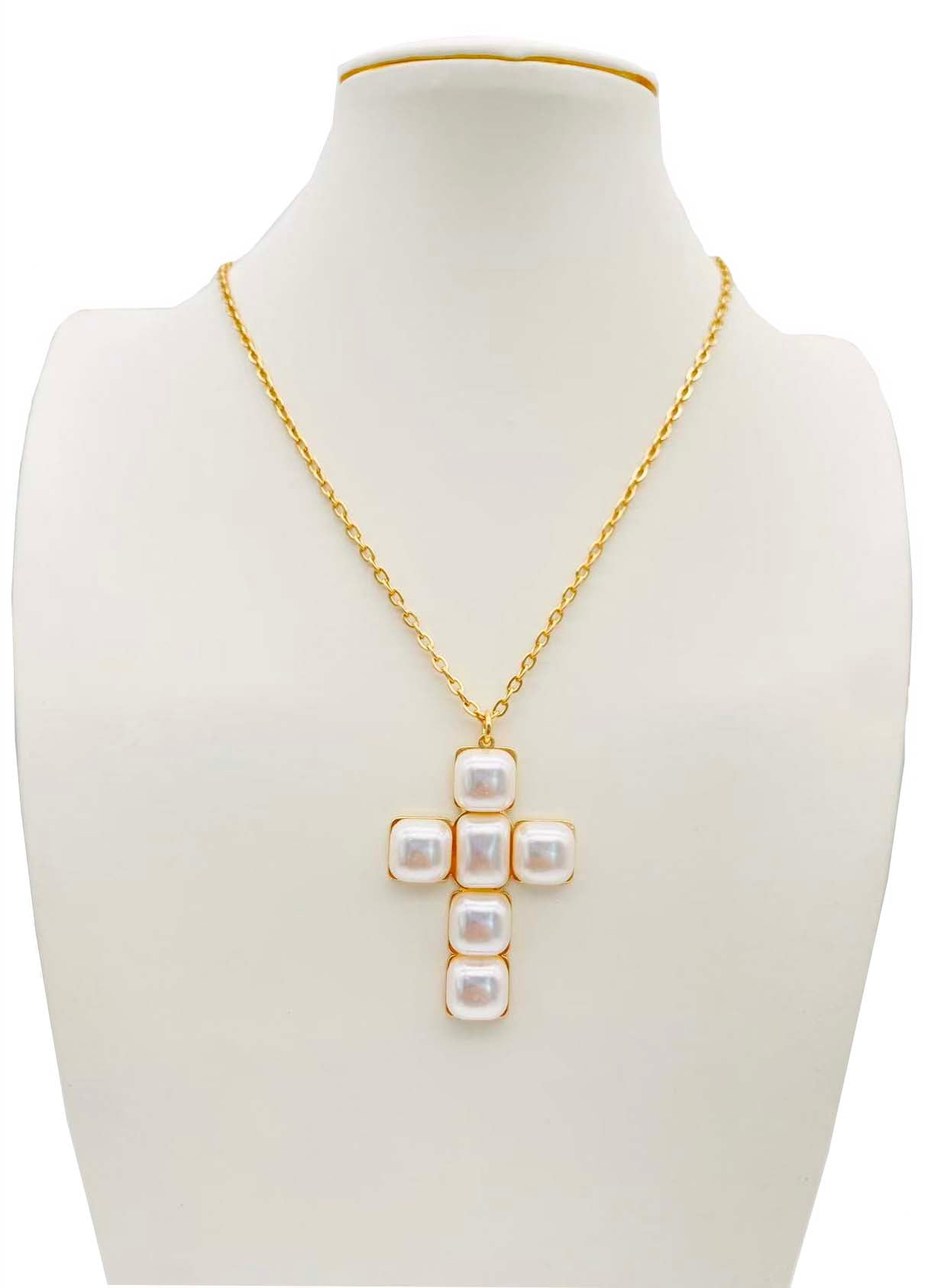 Puffy Square Pearl 2" Cross Pendant 16"-18" Necklace