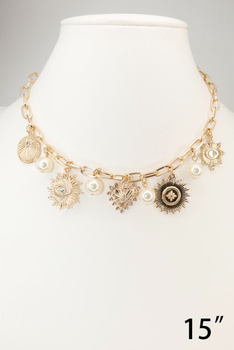 Gold Chain with Pearl, Heart, and Starburst Charm 16"-18" Necklace