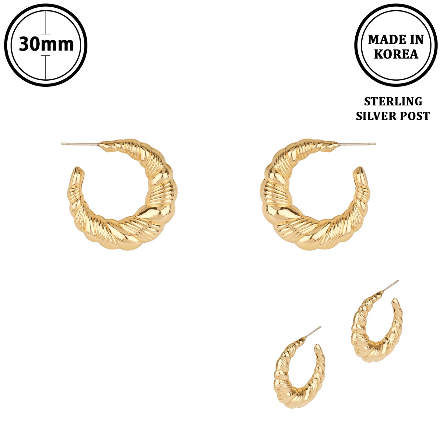 Gold Hammered Hoop with Sterling Silver Post 1.25" Earring,  Hypo Allergenic