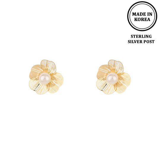 Gold Flower with Pearl Sterling Silver Post Hypoallergenic Earring