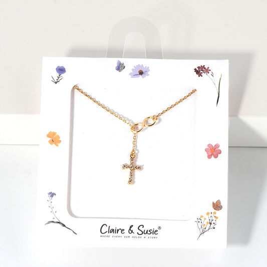 CZ Cross Lariat 16"-18" Necklace