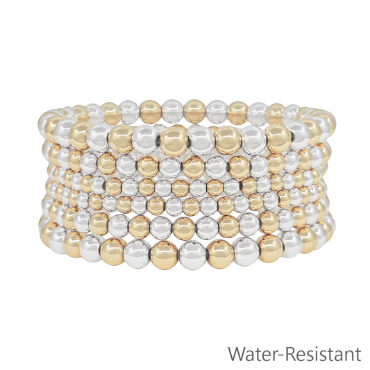 Water Resistant Gold and Silver Graduated Set of 6 Stretch Bracelets