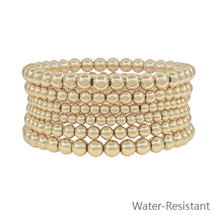 Water Resistant Set of 6 Gold 3,4,6mm Beaded Stretch Bracelets