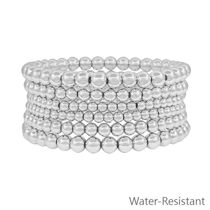 Water Resistant Set of 6 Silver 3,4,6mm Beaded Stretch Bracelets