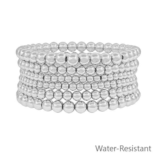 Water Resistant Set of 6 Silver 3,4,6mm Beaded Stretch Bracelets