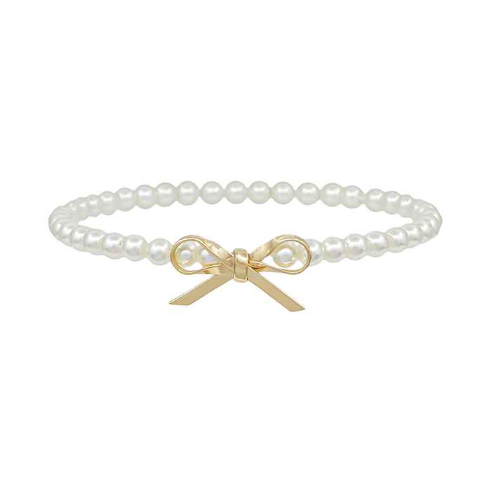 Pearl Beaded Stretch Bracelet with Gold Dainty Bow