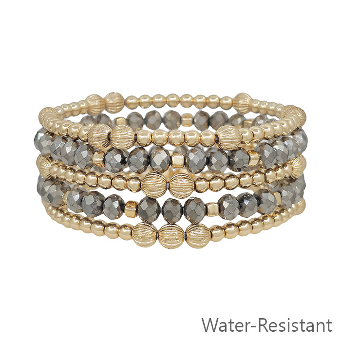 Water Resistant Gold Beaded and Hematite Gemstone Set of 5 Stretch Bracelets