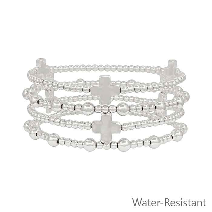 Water Resistant Set of 4 Silver Beaded and Silver Cross Stretch Bracelets