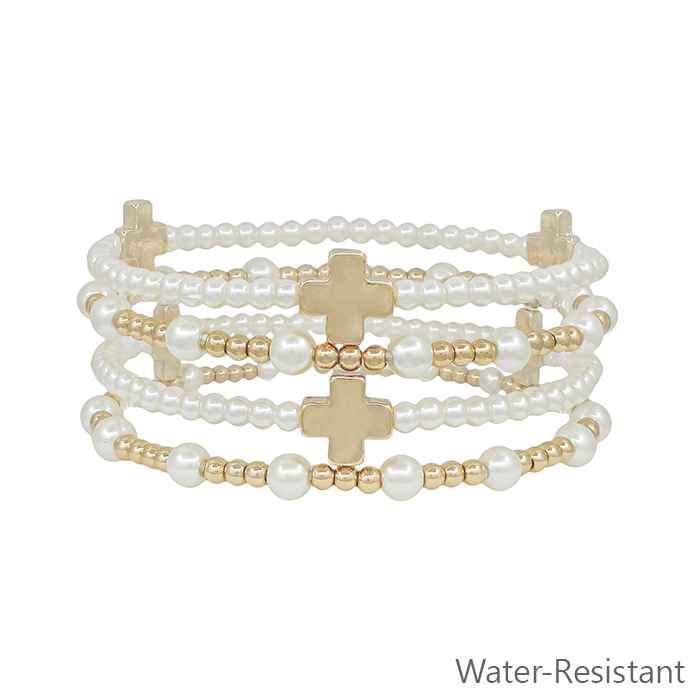 Water Resistant Set of 4 Pearl Beaded and Gold Cross Stretch Bracelets