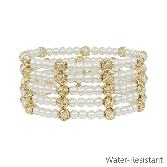 Water Resistant Set of 5 Pearl with Textured Gold Ball Stretch Bracelets