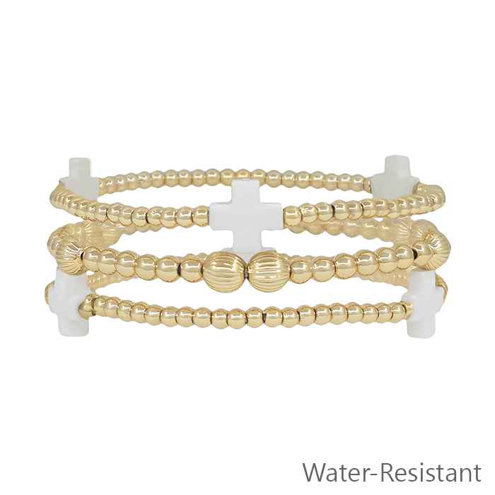 Water Resistant Gold Beaded and White Colored Cross Set of 3 Stretch Bracelets