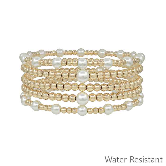 Water Resistant Set of 5 Pearl and Gold Beaded Stretch Bracelets