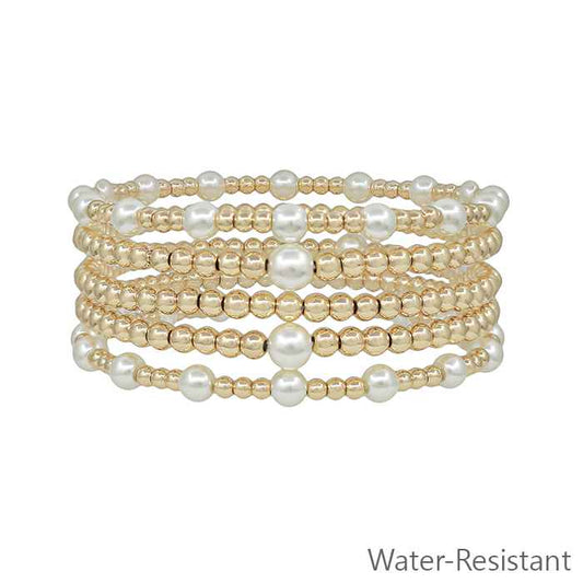 Water Resistant Set of 5 Pearl and Gold Beaded Stretch Bracelets