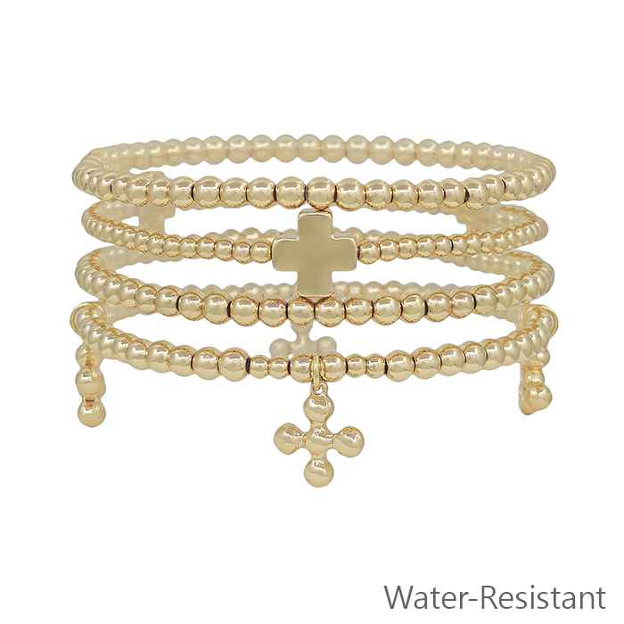 Water Resistant Set of 4 Gold Beaded with Gold Beaded Cross Charm Stretch Bracelets