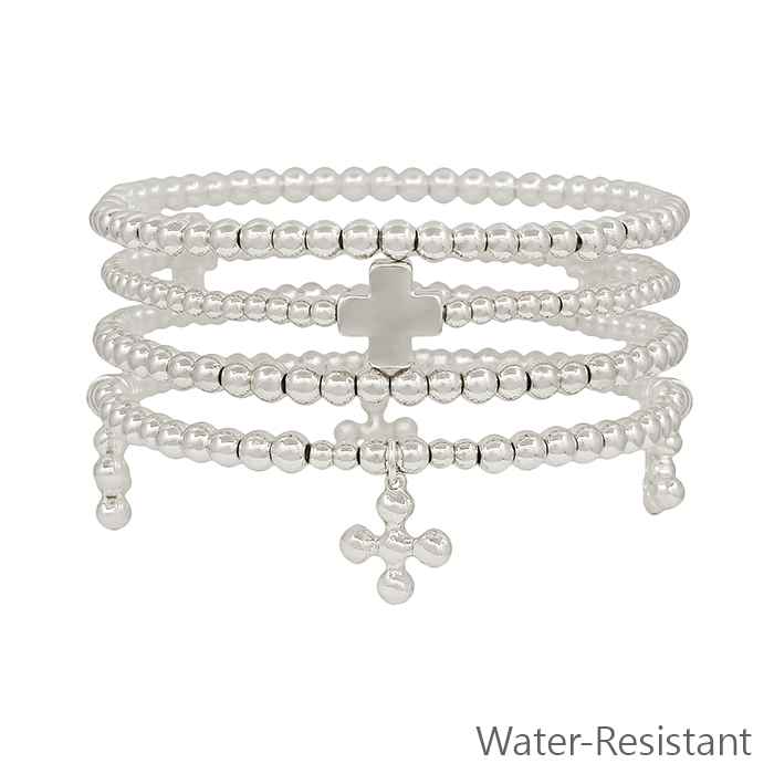 Water Resistant Set of 4 Silver Beaded with Silver Beaded Cross Charm Stretch Bracelets