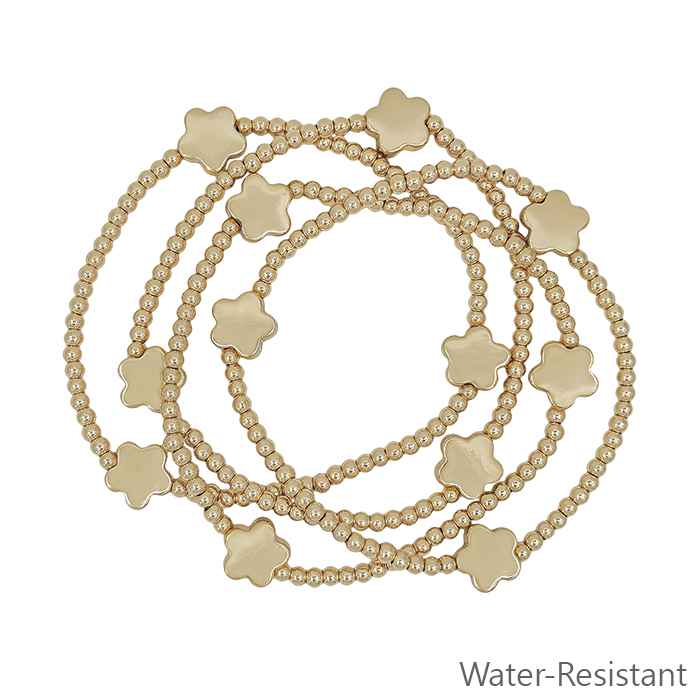Water Resistant Set of 4 Gold Beaded with Gold Flower Accent Stretch Bracelet