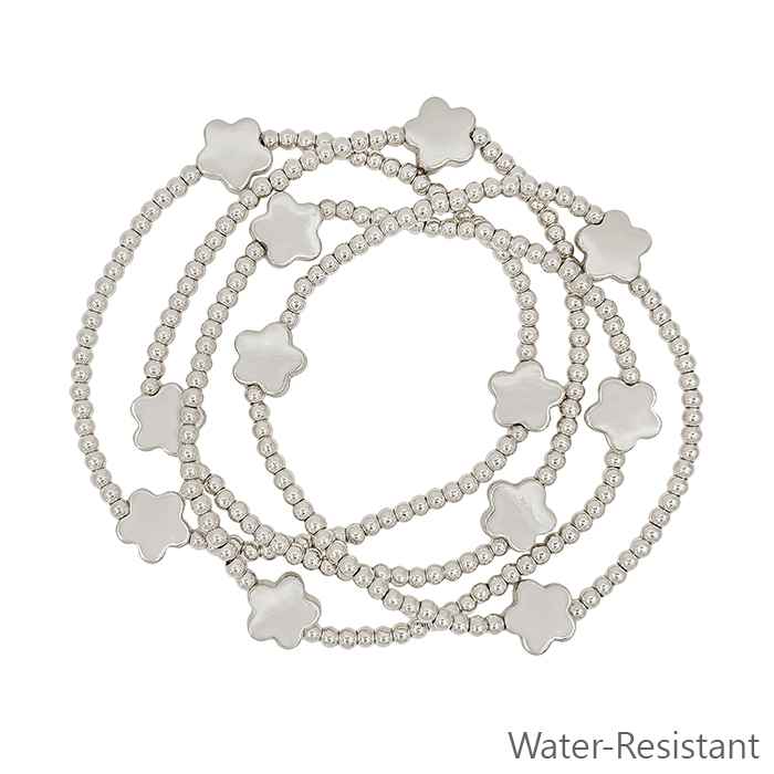 Water Resistant Set of 4 Silver Beaded with Flower Accent Stretch Bracelet