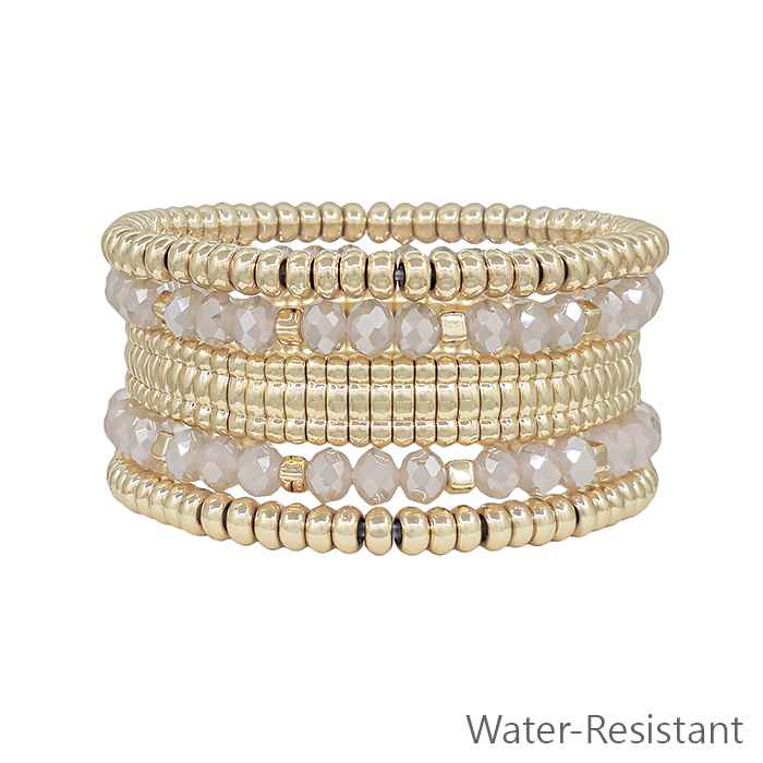 Water Resistant Set of 5 Pink Crystal Bracelets,Gold Beaded, and Gold Watch Band Style Stretch Bracelet