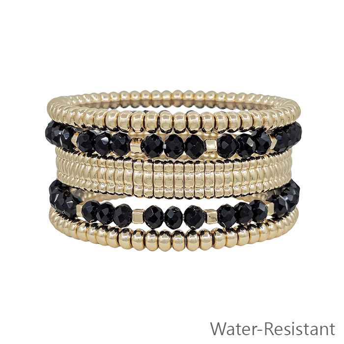 Water Resistant Set of 5 Black Crystal Bracelets,Gold Beaded, and Gold Watch Band Style Stretch Bracelet