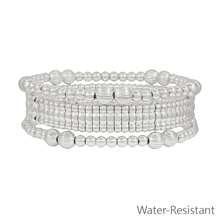 Water Resistant Set of 3 Silver Beaded with Silver Watch Band Style Stretch Bracelet