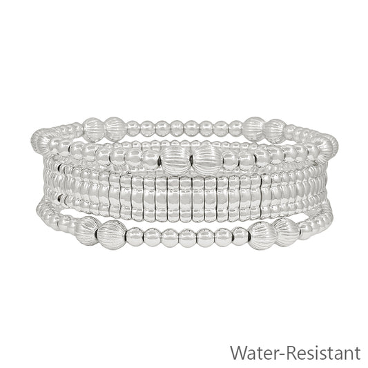 Water Resistant Set of 3 Silver Beaded with Silver Watch Band Style Stretch Bracelet