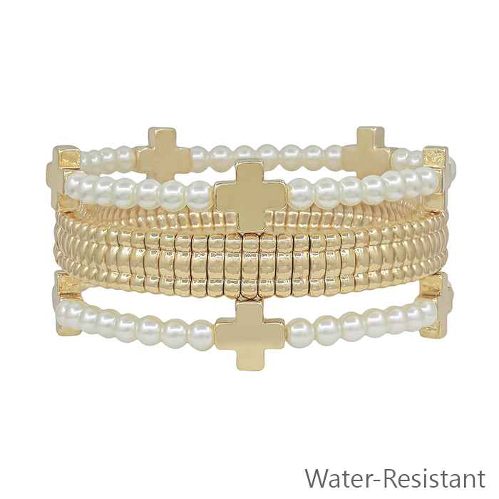 Water Resistant Set of 3 Pearl Bracelets with Gold Cross and Gold Watch Band Style Stretch Bracelet