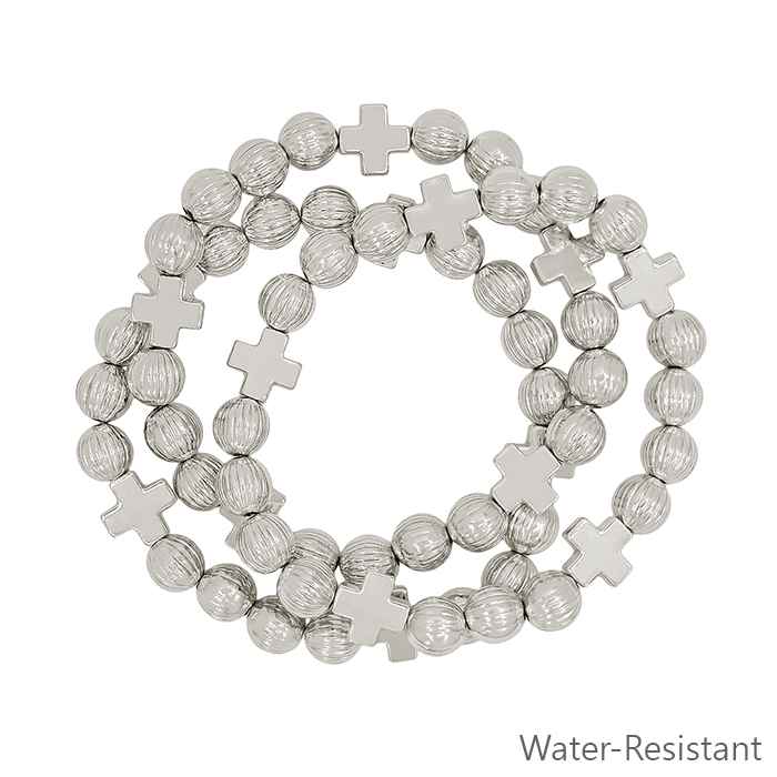 Set of 3 8MM Textured Beaded and Silver Cross Stretch Bracelets