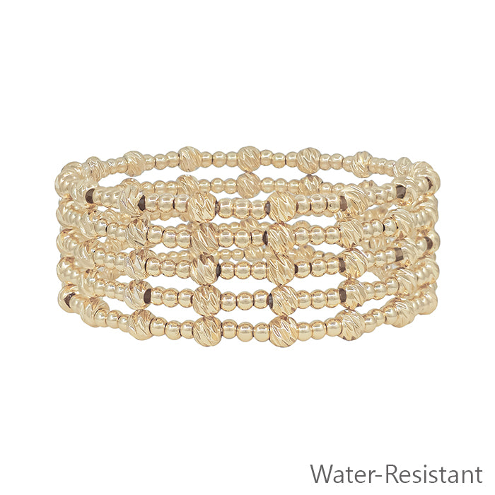 Water Resistant Gold 3mm Beaded Set of 5 Stretch Bracelets with Gold Accent Bead