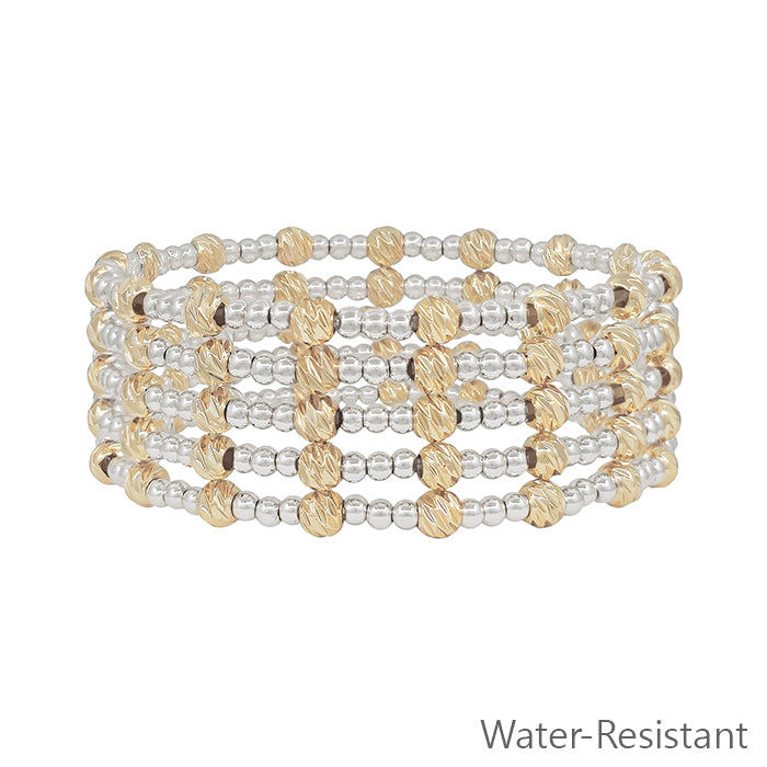 Water Resistant Silver 3mm Beaded Set of 5 Stretch Bracelets with Gold Accent Bead
