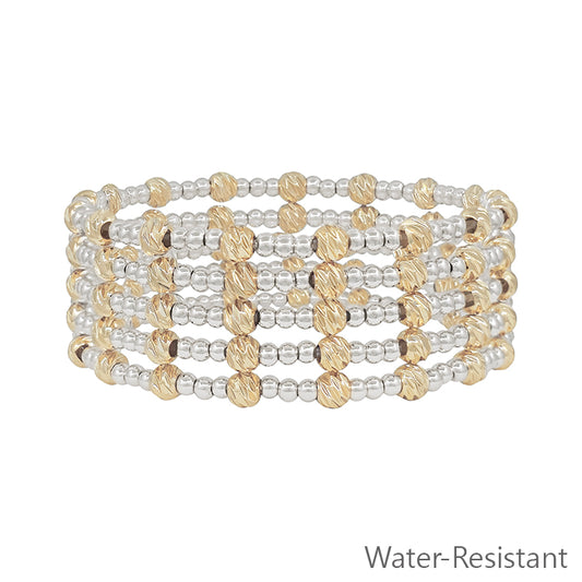 Water Resistant Silver 3mm Beaded Set of 5 Stretch Bracelets with Gold Accent Bead