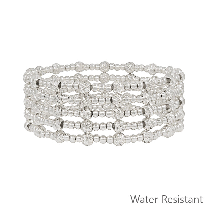 Water Resistant Silver 3mm Beaded Set of 5 Stretch Bracelets with Gold Accent Bead