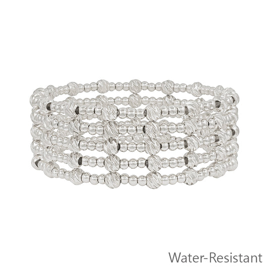 Water Resistant Silver 3mm Beaded Set of 5 Stretch Bracelets with Gold Accent Bead