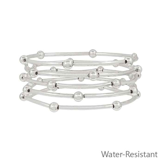 Water Resistant Set of 5 Silver Piping and Beaded Stretch Bracelets