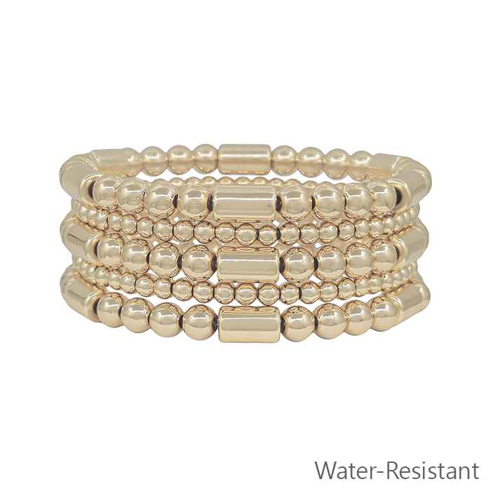Water Resistant Set of 5 Gold 6MM Beaded and Gold Cylinder Stretch Bracelets