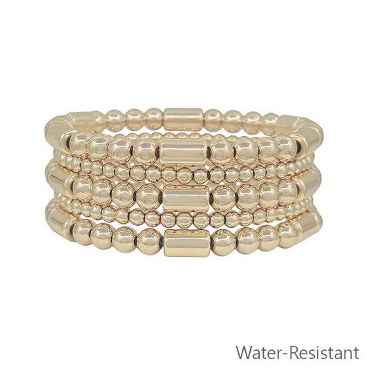 Water Resistant Set of 5 Gold 6MM Beaded and Gold Cylinder Stretch Bracelets