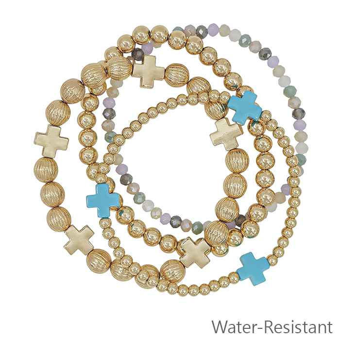 Water Resistant Set of 4 Gold Textured Beaded, Cross, with Turquoise Cross and Crystal Stretch Bracelets