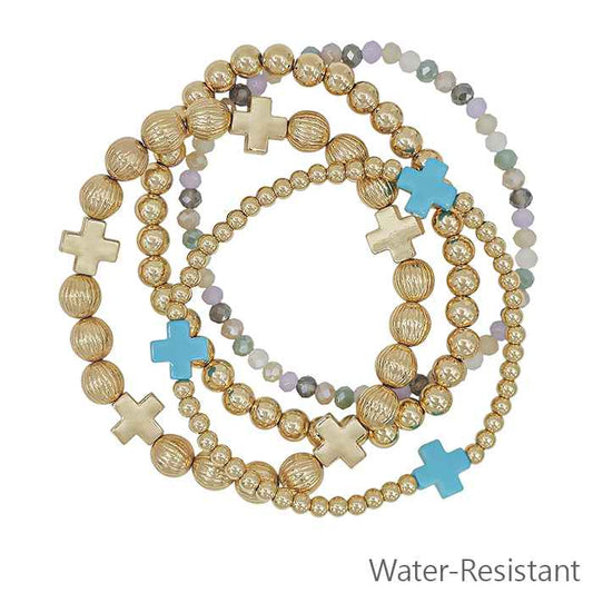 Water Resistant Set of 4 Gold Textured Beaded, Cross, with Turquoise Cross and Crystal Stretch Bracelets