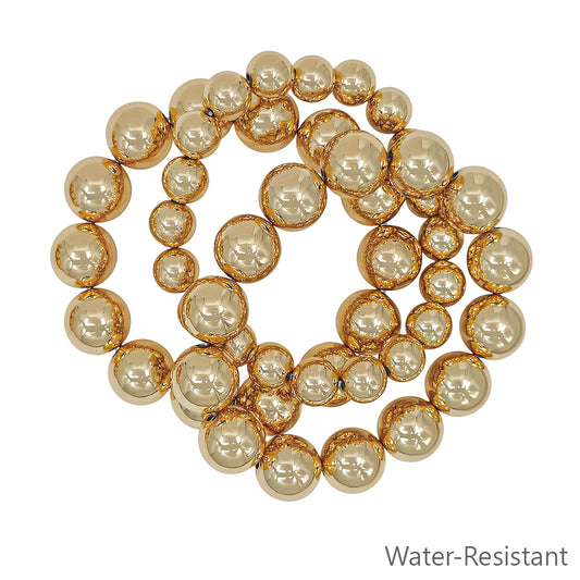 Water Resistant Set of 3 10&15MM Beaded Gold Stretch Bracelet